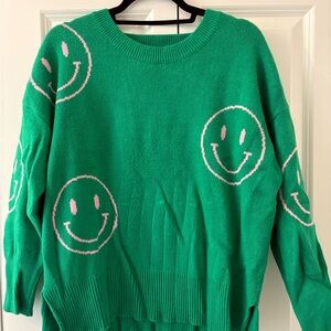 Vici Green Crewneck Sweater with Pink Smiley Faces